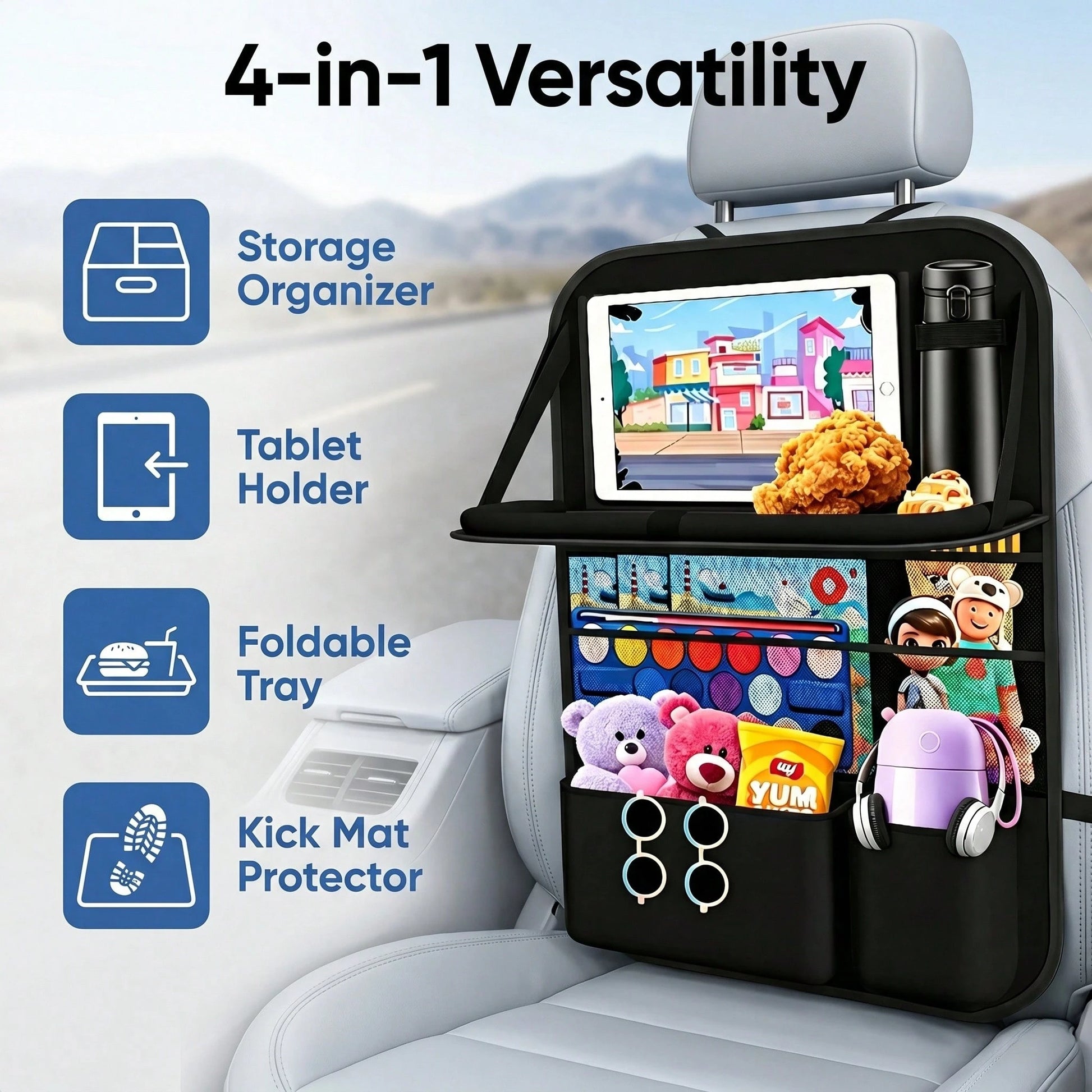 Car Backseat Organizer With Table Tray(2-Pack) 9 Storage Pockets Backseat Car Organizer And Storage With Tablet Holder, Kick Mats Back Seat Cover For Kids Family Road Trip Essentials Travel