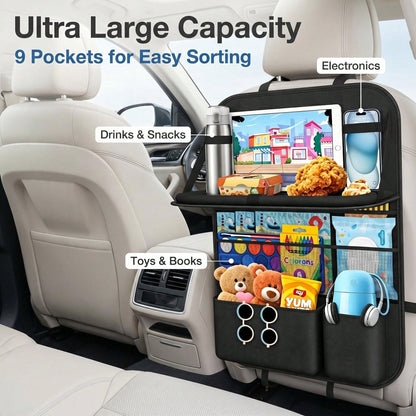 Car Backseat Organizer With Table Tray(2-Pack) 9 Storage Pockets Backseat Car Organizer And Storage With Tablet Holder, Kick Mats Back Seat Cover For Kids Family Road Trip Essentials Travel