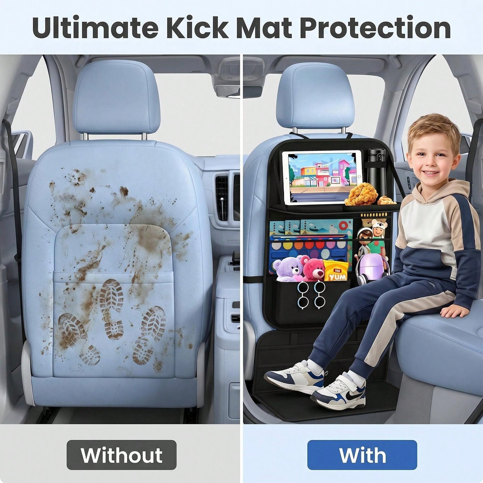 Car Backseat Organizer With Table Tray(2-Pack) 9 Storage Pockets Backseat Car Organizer And Storage With Tablet Holder, Kick Mats Back Seat Cover For Kids Family Road Trip Essentials Travel