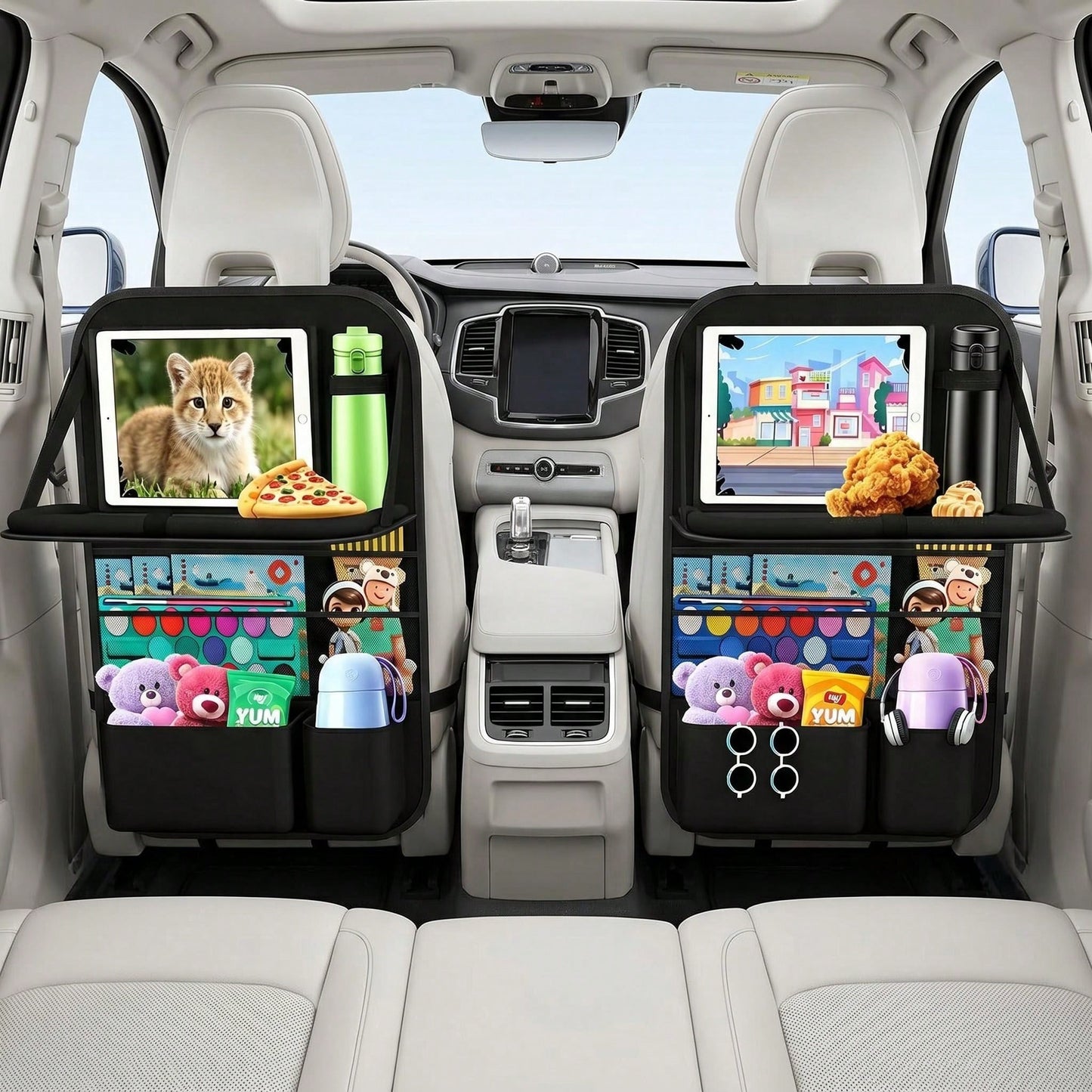 Car Backseat Organizer With Table Tray(2-Pack) 9 Storage Pockets Backseat Car Organizer And Storage With Tablet Holder, Kick Mats Back Seat Cover For Kids Family Road Trip Essentials Travel