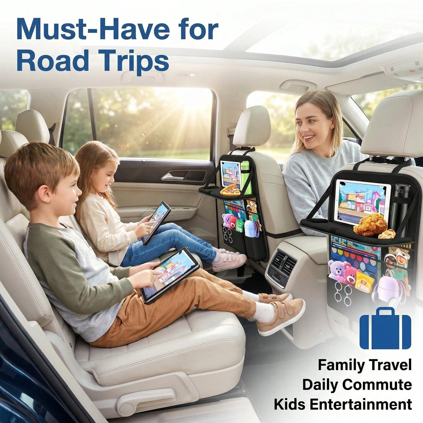 Car Backseat Organizer With Table Tray(2-Pack) 9 Storage Pockets Backseat Car Organizer And Storage With Tablet Holder, Kick Mats Back Seat Cover For Kids Family Road Trip Essentials Travel
