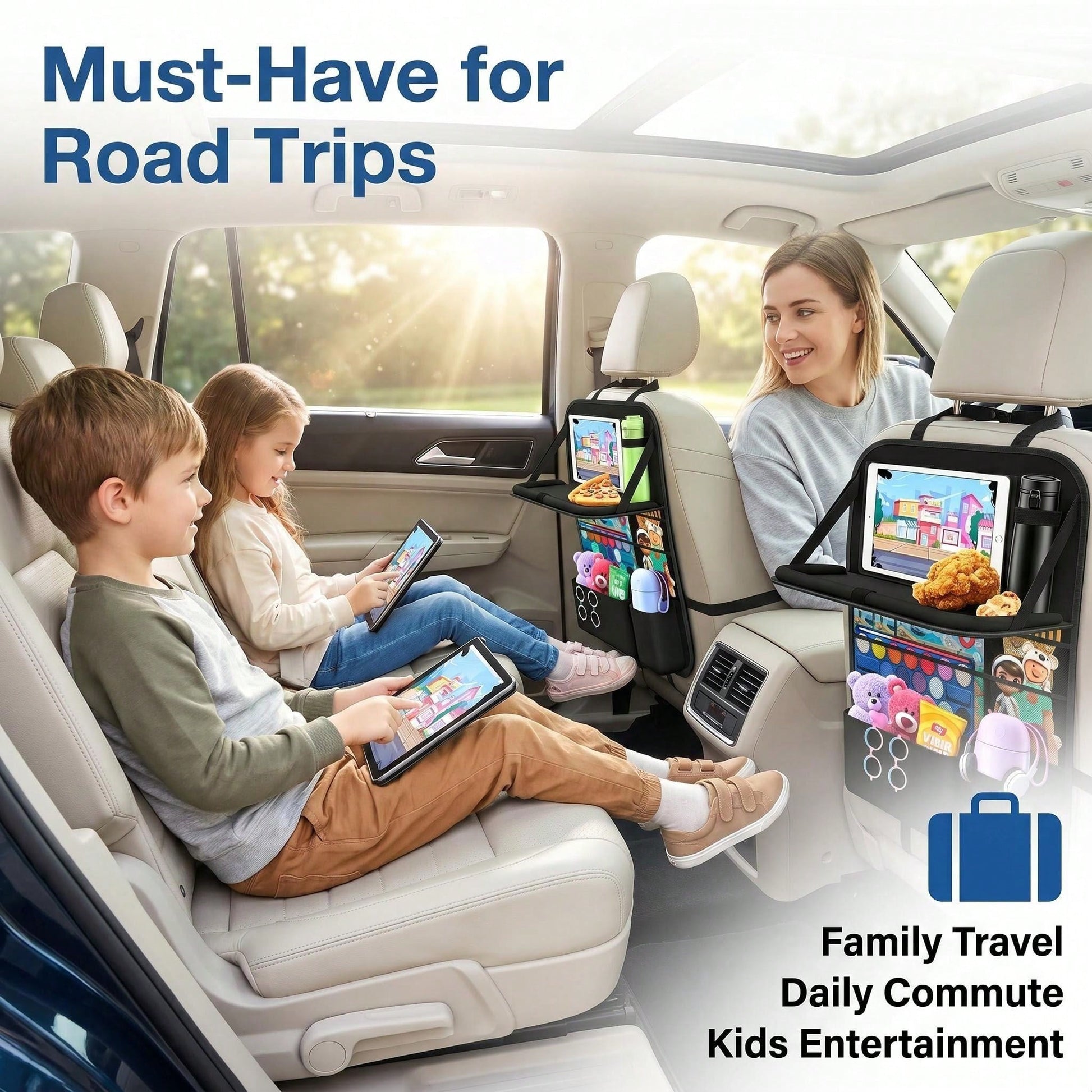 Car Backseat Organizer With Table Tray(2-Pack) 9 Storage Pockets Backseat Car Organizer And Storage With Tablet Holder, Kick Mats Back Seat Cover For Kids Family Road Trip Essentials Travel
