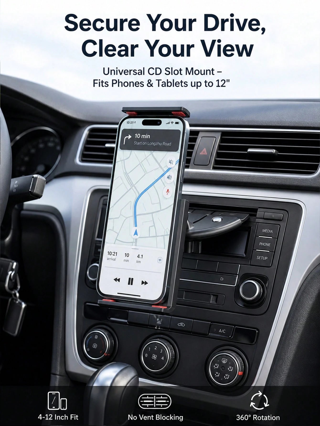 Car CD Slot Phone Holder- Adjustable Car CD Player Phone Mount, Universal Hands-Free Smartphone And Small Tablet Holder, Non-Slip Clip, Stable Viewing, No Air Vent Obstruction, Stable Dashboard Mount
