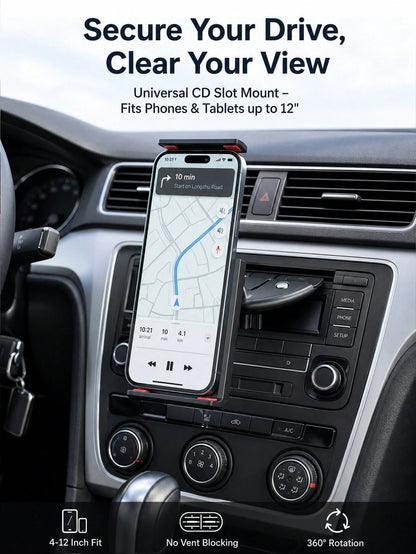 Car CD Slot Phone Holder- Adjustable Car CD Player Phone Mount, Universal Hands-Free Smartphone And Small Tablet Holder, Non-Slip Clip, Stable Viewing, No Air Vent Obstruction, Stable Dashboard Mount
