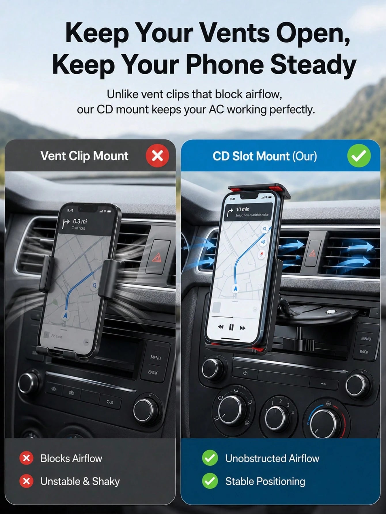 Car CD Slot Phone Holder- Adjustable Car CD Player Phone Mount, Universal Hands-Free Smartphone And Small Tablet Holder, Non-Slip Clip, Stable Viewing, No Air Vent Obstruction, Stable Dashboard Mount