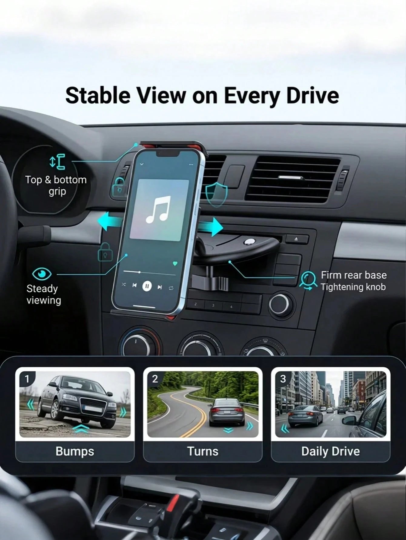 Car CD Slot Phone Holder- Adjustable Car CD Player Phone Mount, Universal Hands-Free Smartphone And Small Tablet Holder, Non-Slip Clip, Stable Viewing, No Air Vent Obstruction, Stable Dashboard Mount