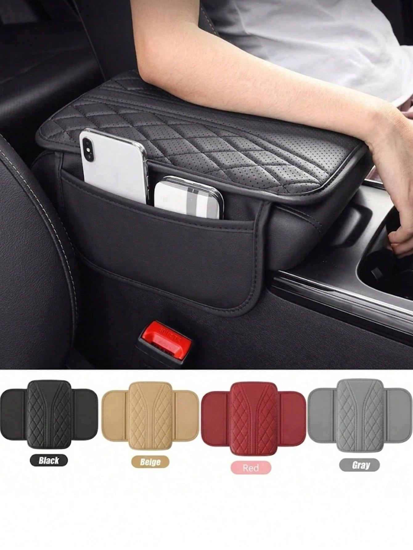 Car Center Console Cover- Universal Car Interior Accessory With 2 Storage Pockets- Premium Nappa Leather Armrest Cover, Scratch-Resistant, Wear-Resistant, Waterproof, Suitable For SUV, Sedan, Truck