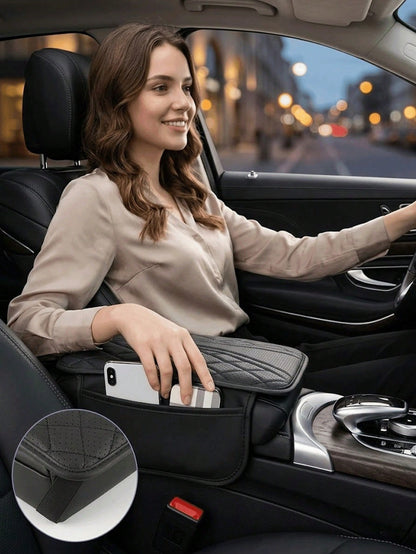 Car Center Console Cover- Universal Car Interior Accessory With 2 Storage Pockets- Premium Nappa Leather Armrest Cover, Scratch-Resistant, Wear-Resistant, Waterproof, Suitable For SUV, Sedan, Truck