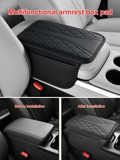 Car Center Console Cover- Universal Car Interior Accessory With 2 Storage Pockets- Premium Nappa Leather Armrest Cover, Scratch-Resistant, Wear-Resistant, Waterproof, Suitable For SUV, Sedan, Truck