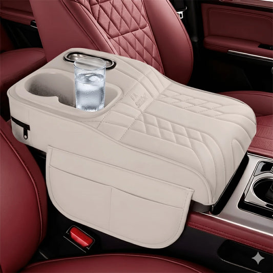Car Center Console Cover, Soft Microfiber Leather Armrest Pad With Dual Cup Holders And Storage Compartment- Interior Accessory