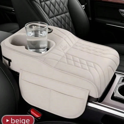 Car Center Console Cover, Soft Microfiber Leather Armrest Pad With Dual Cup Holders And Storage Compartment- Interior Accessory