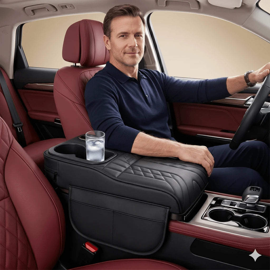 Car Center Console Cover, Soft Microfiber Leather Armrest Pad With Dual Cup Holders And Storage Compartment- Interior Accessory