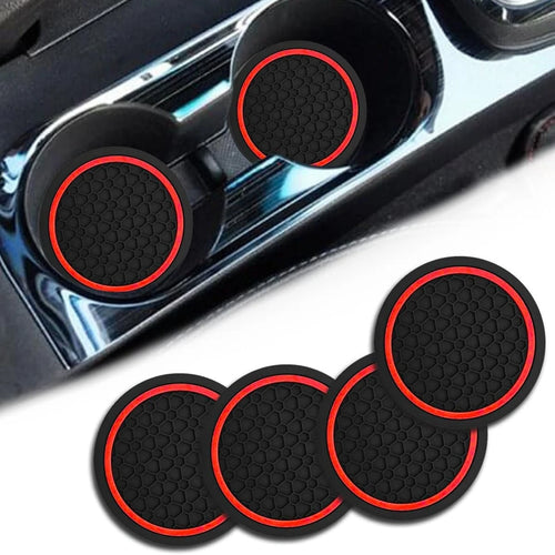 Car Cup Holder Coasters, Dustproof Automotive Interior Accessories Mat,2.75 Inch Non-Slip Insert Water Bottle Holder Pads, Universal For Vehicles, Trucks, RVs And More (Black/Red, 2PCS)