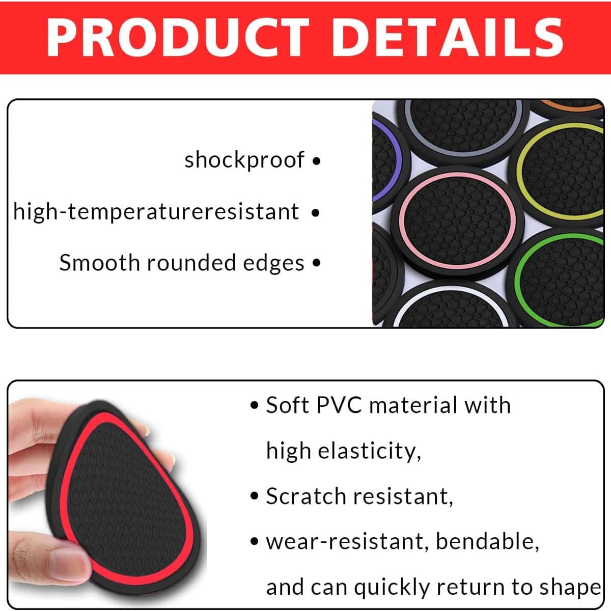 Car Cup Holder Coasters, Dustproof Automotive Interior Accessories Mat,2.75 Inch Non-Slip Insert Water Bottle Holder Pads, Universal For Vehicles, Trucks, RVs And More (Black/Red, 2PCS)