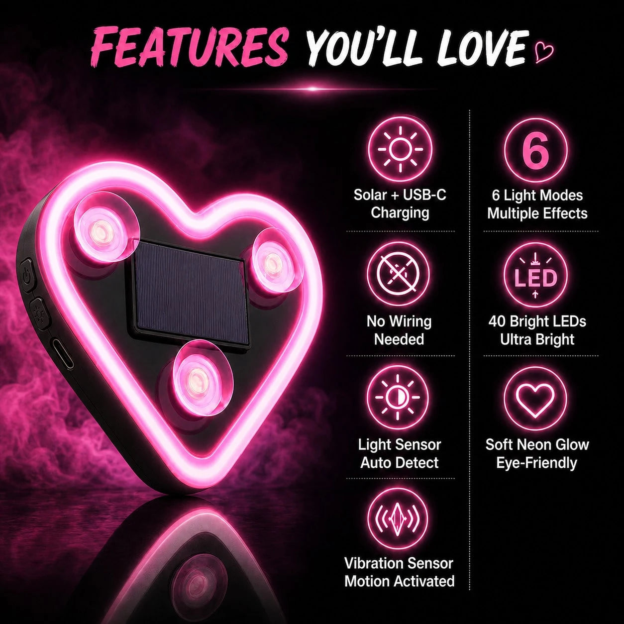 Car Interior Mood Lights, Heart Shaped Neon LED Window Light With 4 Glow Valve Stem Caps, Solar & Type-C Rechargeable, 6 Light Modes, Wireless Car Window Ambient Light, Car Interior Mood Decorations