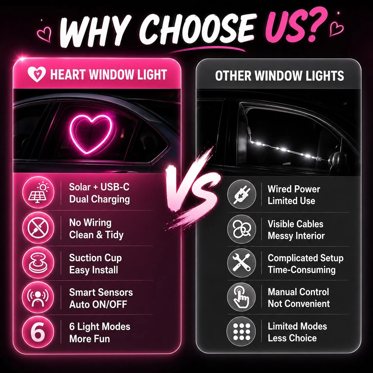 Car Interior Mood Lights, Heart Shaped Neon LED Window Light With 4 Glow Valve Stem Caps, Solar & Type-C Rechargeable, 6 Light Modes, Wireless Car Window Ambient Light, Car Interior Mood Decorations