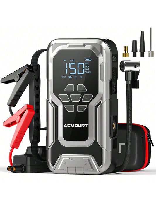 Car Jump Starter With Air Compressor, 3500A 12V Lithium Battery Jump Box With 150PSI Tire Inflator For Up To 10.0L Gas & 8.0L Engines, Portable Power Bank With 3 Modes LED Light Jumper Pack