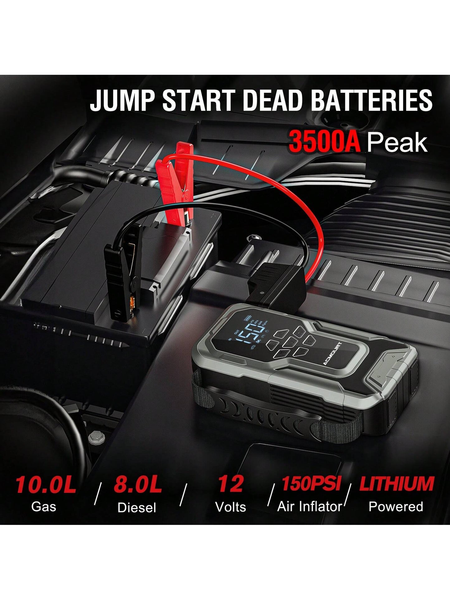 Car Jump Starter With Air Compressor, 3500A 12V Lithium Battery Jump Box With 150PSI Tire Inflator For Up To 10.0L Gas & 8.0L Engines, Portable Power Bank With 3 Modes LED Light Jumper Pack
