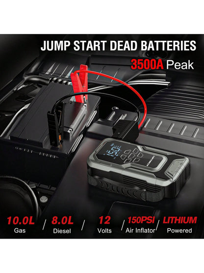 Car Jump Starter With Air Compressor, 3500A 12V Lithium Battery Jump Box With 150PSI Tire Inflator For Up To 10.0L Gas & 8.0L Engines, Portable Power Bank With 3 Modes LED Light Jumper Pack