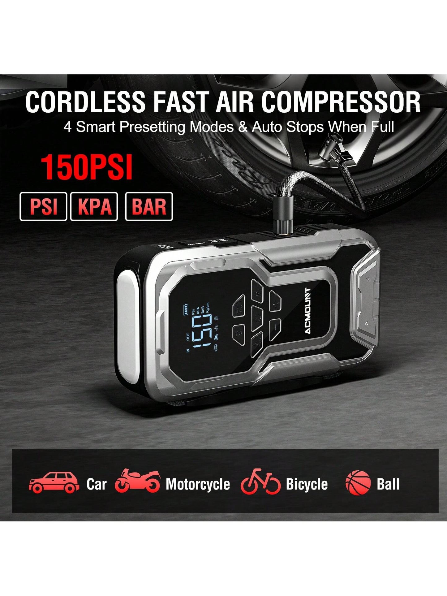 Car Jump Starter With Air Compressor, 3500A 12V Lithium Battery Jump Box With 150PSI Tire Inflator For Up To 10.0L Gas & 8.0L Engines, Portable Power Bank With 3 Modes LED Light Jumper Pack