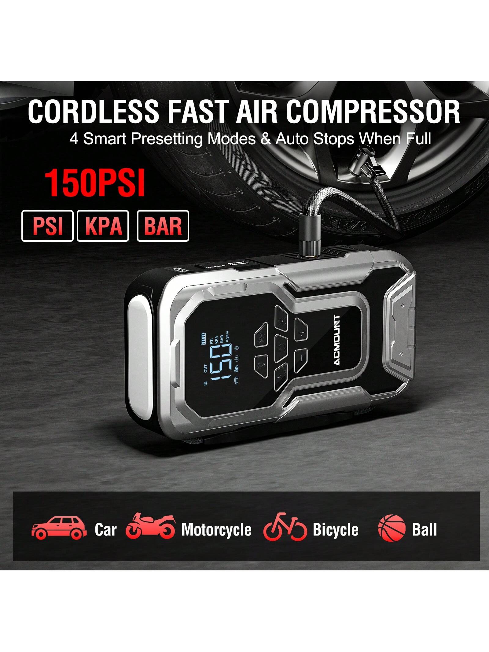 Car Jump Starter With Air Compressor, 3500A 12V Lithium Battery Jump Box With 150PSI Tire Inflator For Up To 10.0L Gas & 8.0L Engines, Portable Power Bank With 3 Modes LED Light Jumper Pack
