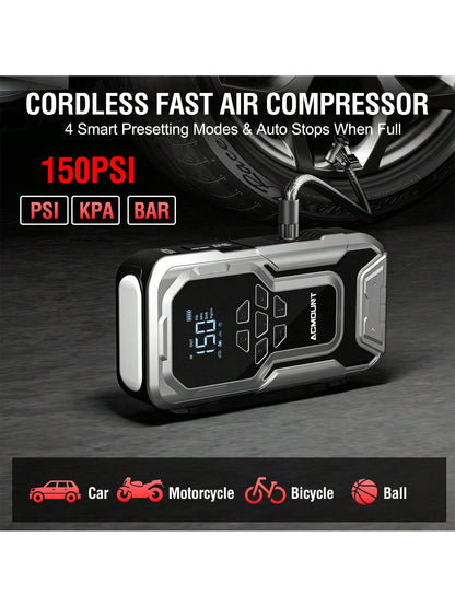 Car Jump Starter With Air Compressor, 3500A 12V Lithium Battery Jump Box With 150PSI Tire Inflator For Up To 10.0L Gas & 8.0L Engines, Portable Power Bank With 3 Modes LED Light Jumper Pack