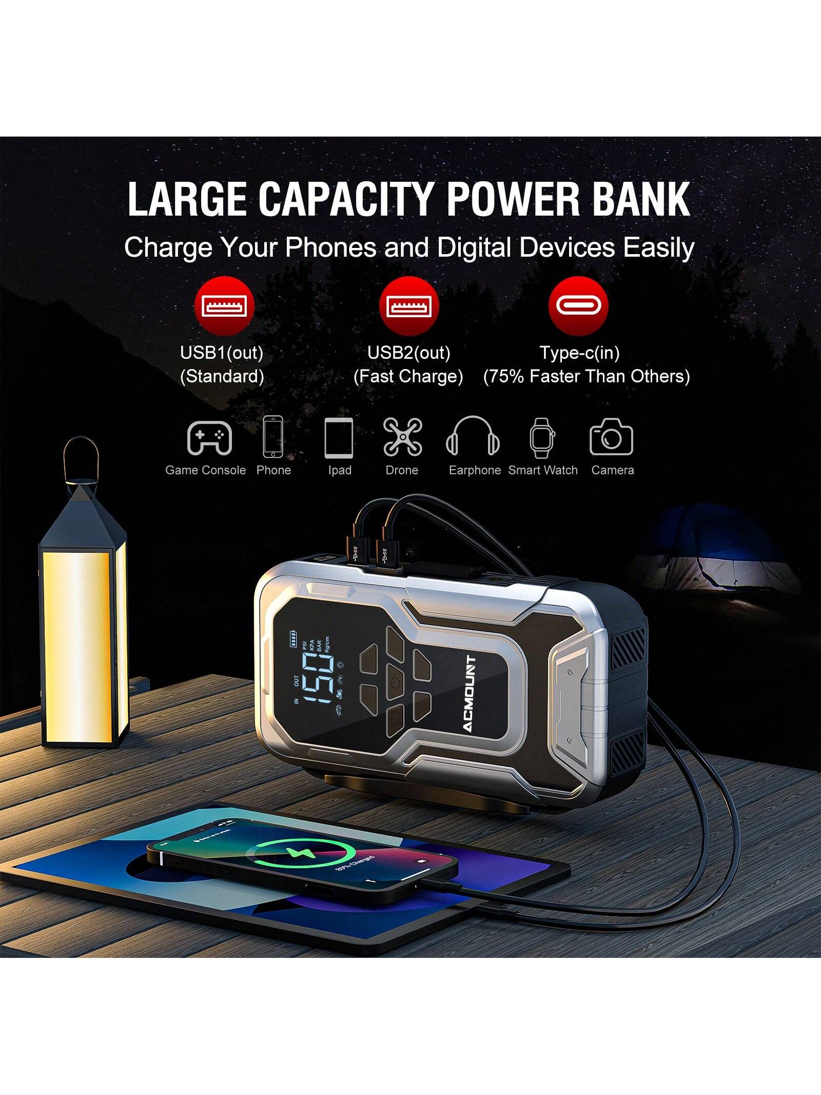 Car Jump Starter With Air Compressor, 3500A 12V Lithium Battery Jump Box With 150PSI Tire Inflator For Up To 10.0L Gas & 8.0L Engines, Portable Power Bank With 3 Modes LED Light Jumper Pack