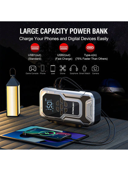 Car Jump Starter With Air Compressor, 3500A 12V Lithium Battery Jump Box With 150PSI Tire Inflator For Up To 10.0L Gas & 8.0L Engines, Portable Power Bank With 3 Modes LED Light Jumper Pack