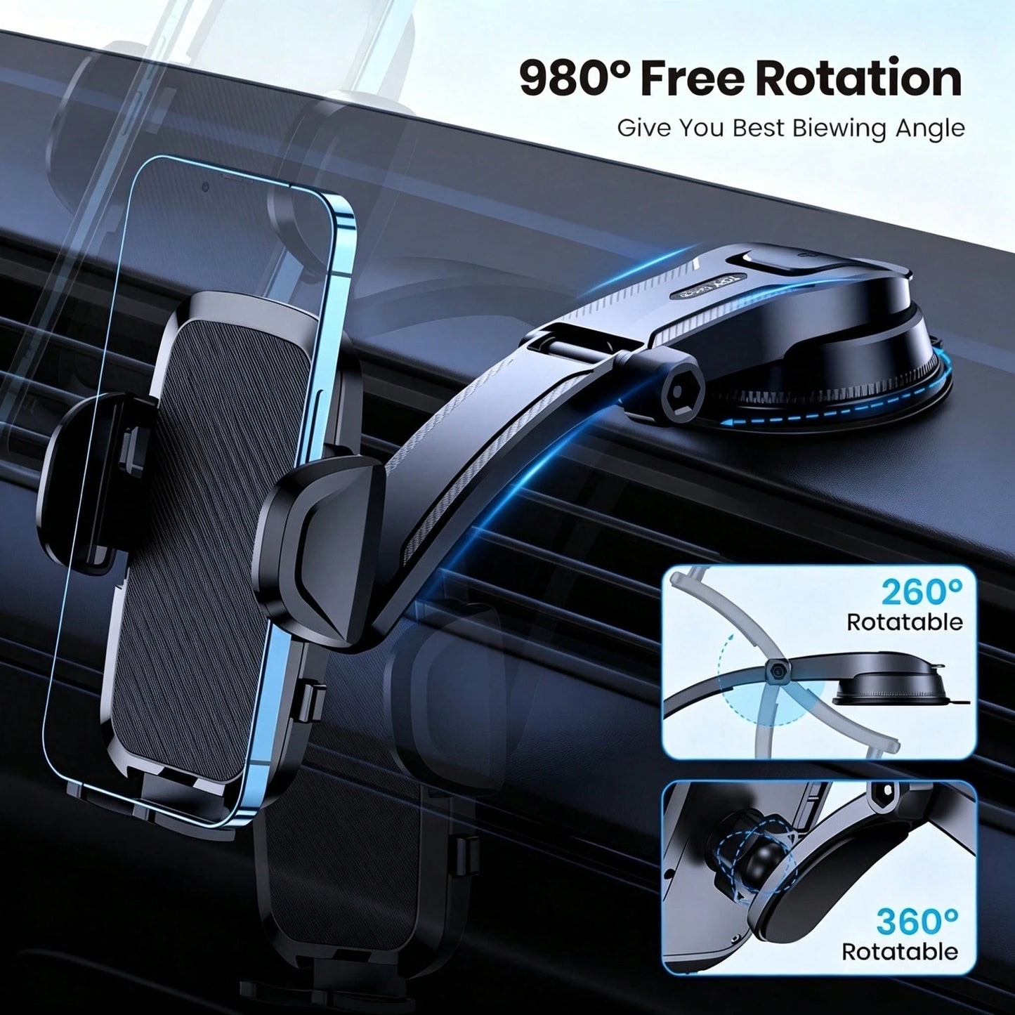 Car Phone Holder Mount, Upgraded 360° Rotation Dashboard Stand, Strong Suction Handsfree Phone Mount, Universal Compatible With IPhone Android For Car GPS Navigation