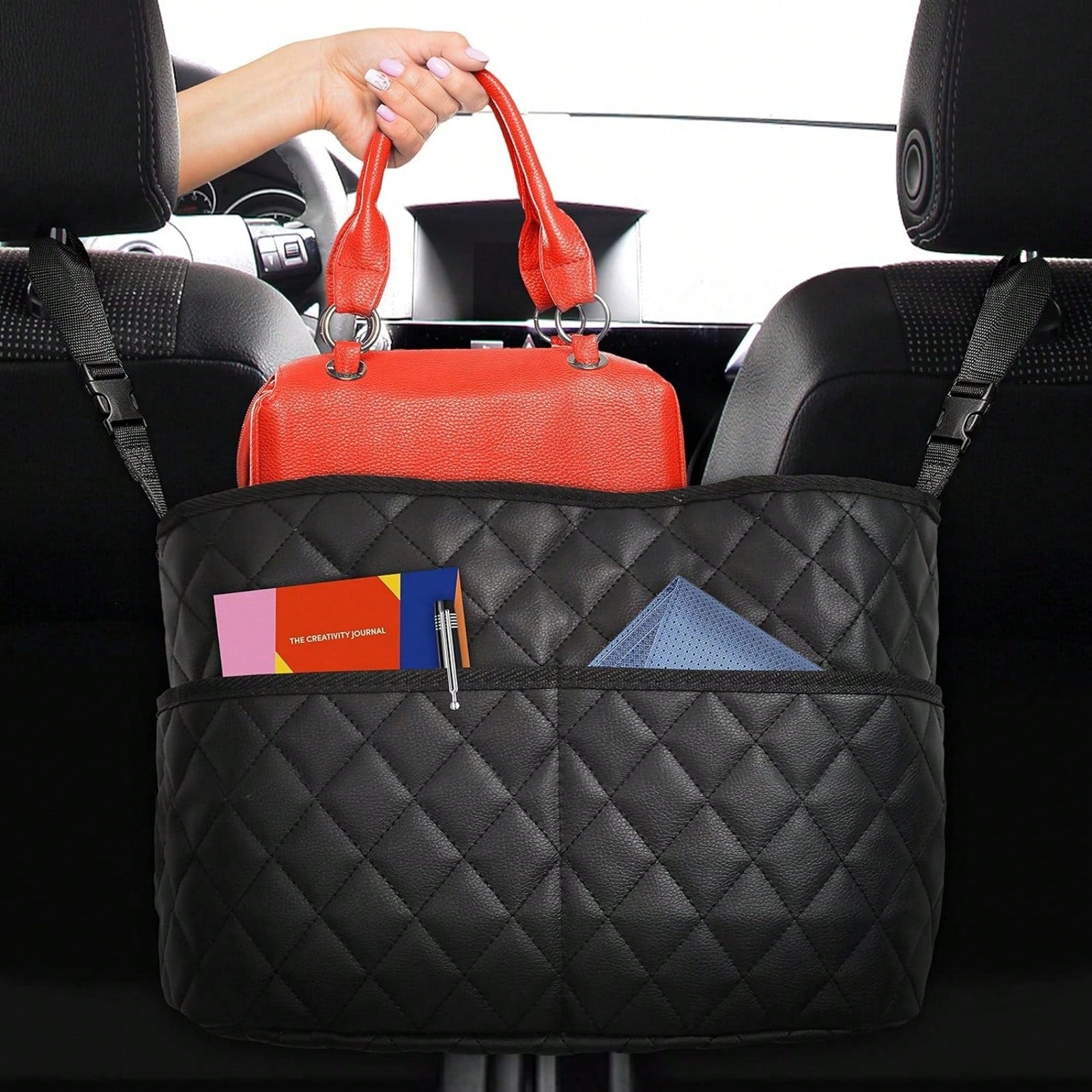 Car Seat Storage Bag, Stylish Upgraded Black PU Leather Storage Rack, Extra Storage Space, Easy To Install, Helping You Say Goodbye To Clutter!