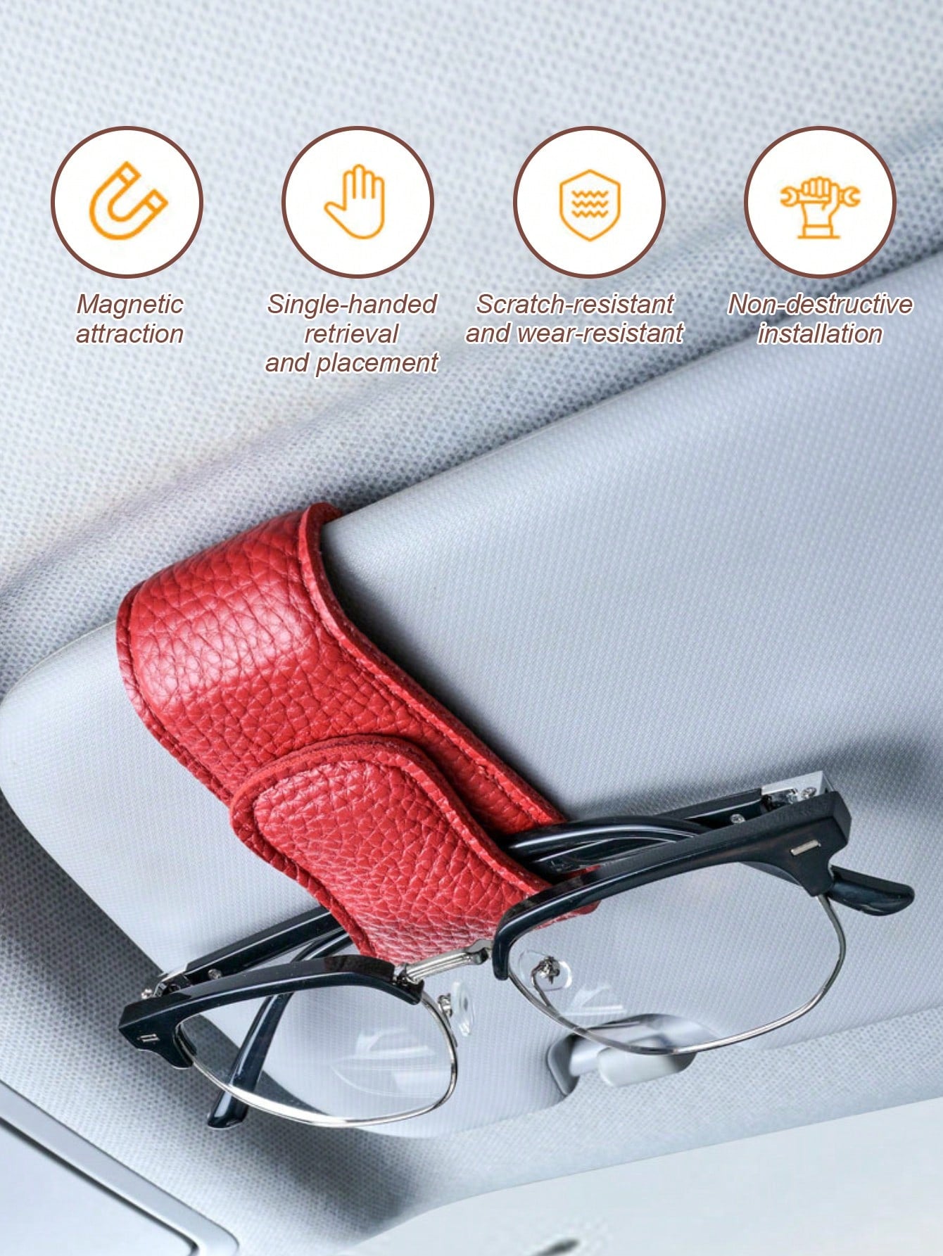 Car Sun Visor Glasses Clip- Magnetic Leather Material, One-Handed Operation, No Damage Installation, Suitable For All Vehicle Models, Car Interior Glasses Clip And Card Clip