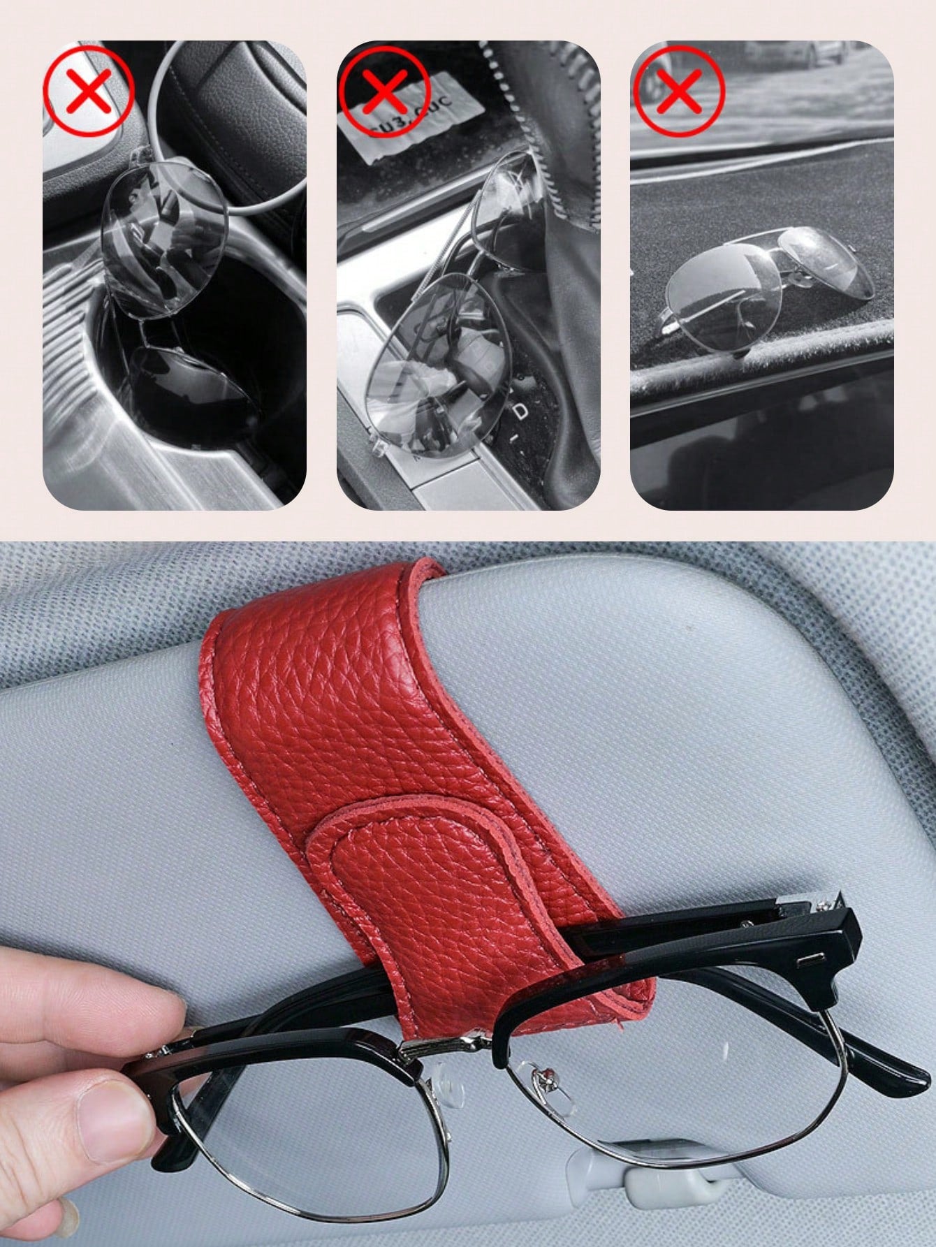 Car Sun Visor Glasses Clip- Magnetic Leather Material, One-Handed Operation, No Damage Installation, Suitable For All Vehicle Models, Car Interior Glasses Clip And Card Clip