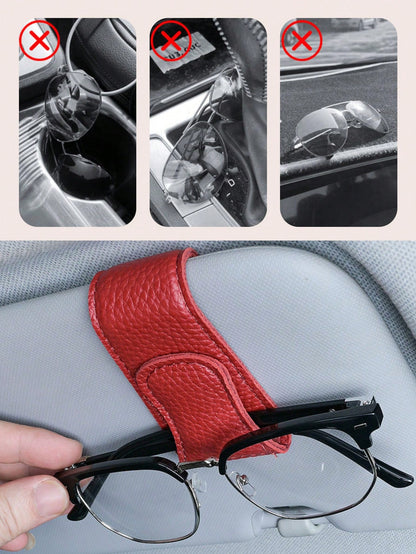 Car Sun Visor Glasses Clip- Magnetic Leather Material, One-Handed Operation, No Damage Installation, Suitable For All Vehicle Models, Car Interior Glasses Clip And Card Clip