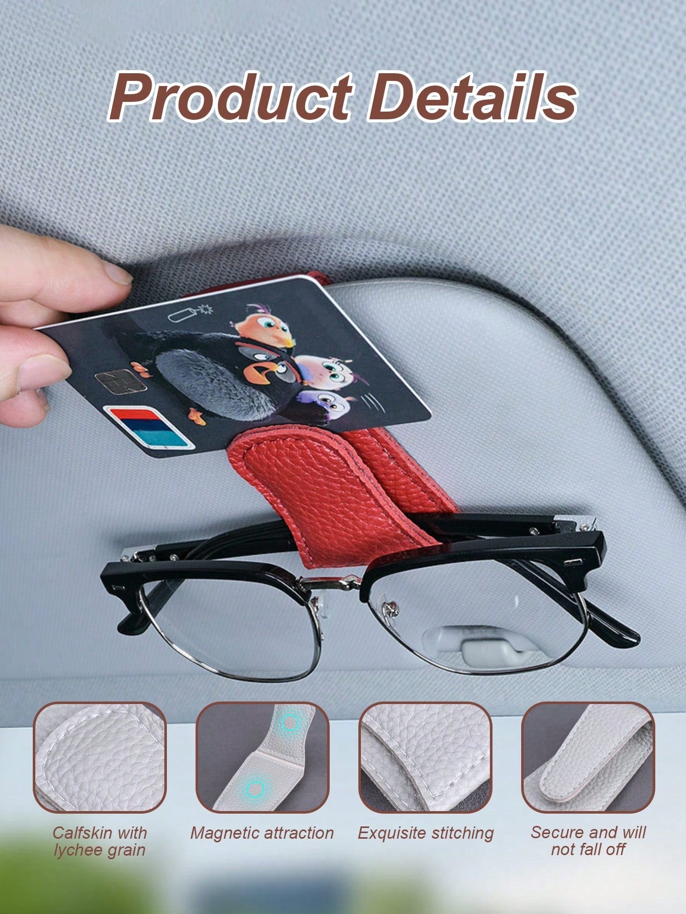 Car Sun Visor Glasses Clip- Magnetic Leather Material, One-Handed Operation, No Damage Installation, Suitable For All Vehicle Models, Car Interior Glasses Clip And Card Clip