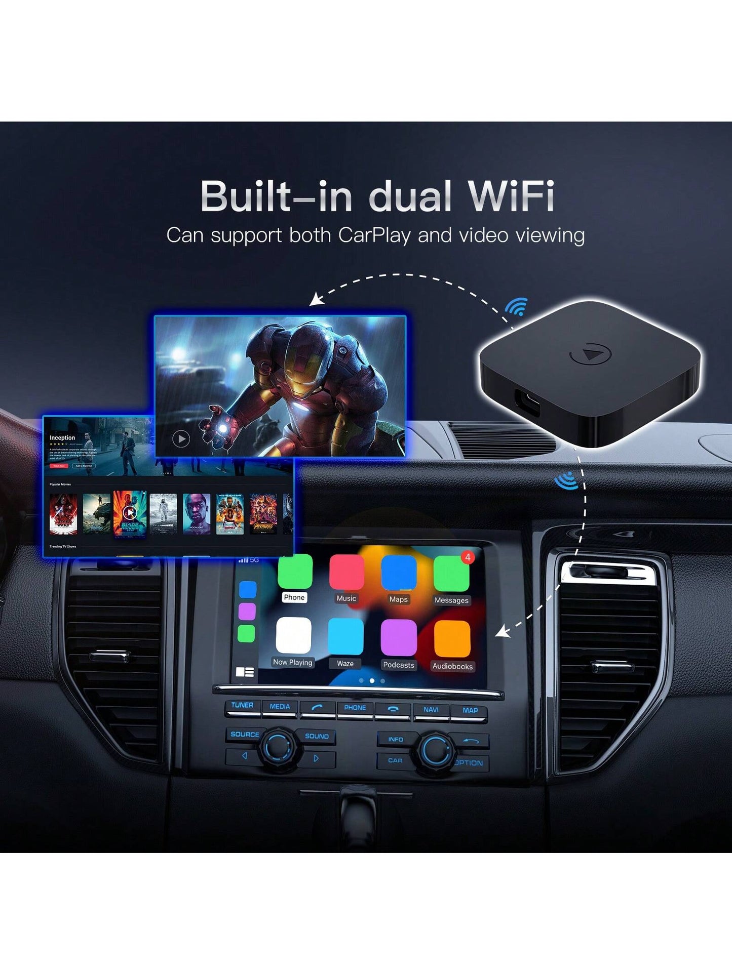 CARABC Wireless CarPlay & Android Auto Adapter With Android 12.0- Gift For Christmas, Magic Box 2.0 Built-In Dual WiFi Support Simultaneous Use Of CarPlay And Netfllx/Y0uTube/Tikt0k