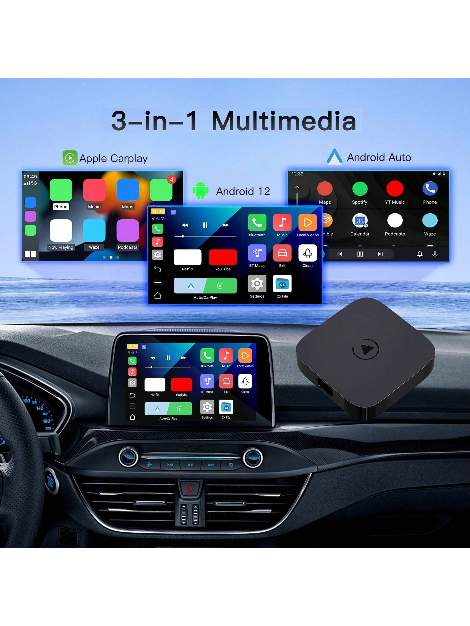 CARABC Wireless CarPlay & Android Auto Adapter With Android 12.0- Gift For Christmas, Magic Box 2.0 Built-In Dual WiFi Support Simultaneous Use Of CarPlay And Netfllx/Y0uTube/Tikt0k