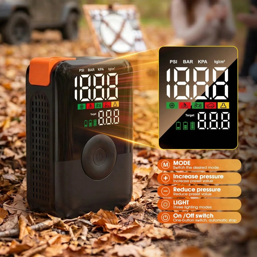 CARSUN Portable Wireless Color Screen Digital Tire Pressure Inflator, 150PSI, With LED Lighting, 22 Cylinder High Power Air Pump, Wireless Tire Inflator, Suitable For Cars, Motorcycles, Bicycles, Blac