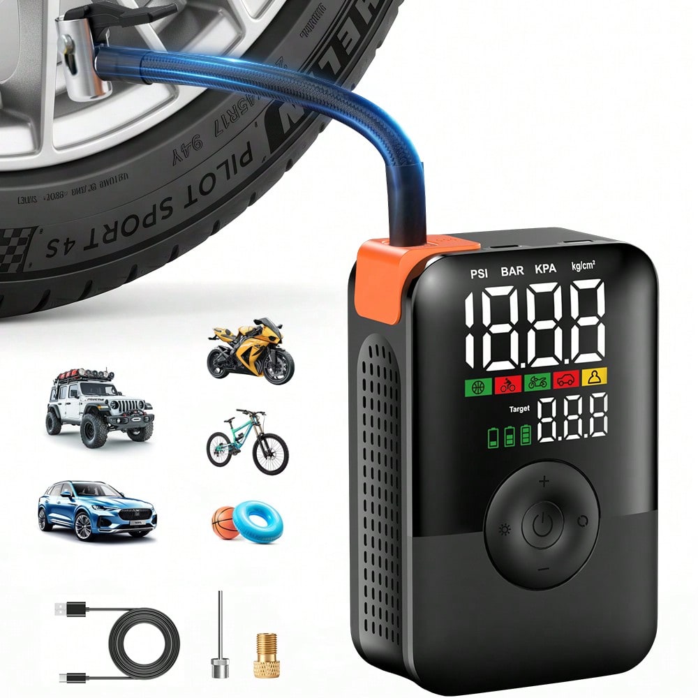 CARSUN Portable Wireless Color Screen Digital Tire Pressure Inflator, 150PSI, With LED Lighting, 22 Cylinder High Power Air Pump, Wireless Tire Inflator, Suitable For Cars, Motorcycles, Bicycles, Blac