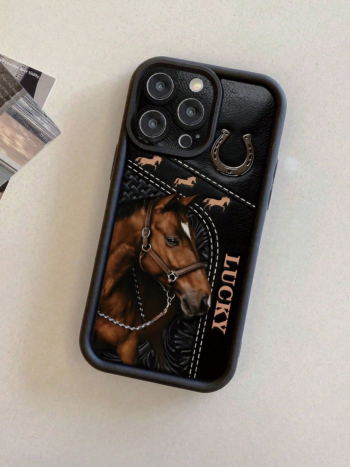 Cartoon Horse Painted Groove Black Thick Precision Hole Minimalist Shockproof Thick Phone Protective Case, Printed Suitable For IPhone 17/17 Pro Max/ 16/16 Pro/16 Pro Max/ 16 Plus, 15 XR/7/8, 15 Pro M