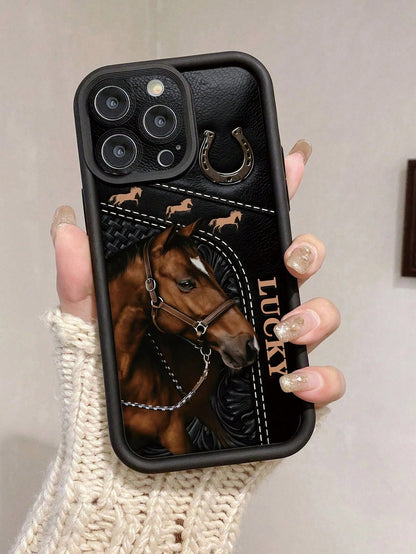 Cartoon Horse Painted Groove Black Thick Precision Hole Minimalist Shockproof Thick Phone Protective Case, Printed Suitable For IPhone 17/17 Pro Max/ 16/16 Pro/16 Pro Max/ 16 Plus, 15 XR/7/8, 15 Pro M