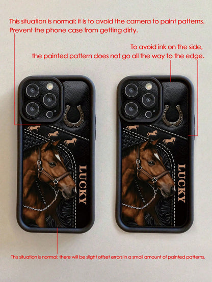 Cartoon Horse Painted Groove Black Thick Precision Hole Minimalist Shockproof Thick Phone Protective Case, Printed Suitable For IPhone 17/17 Pro Max/ 16/16 Pro/16 Pro Max/ 16 Plus, 15 XR/7/8, 15 Pro M