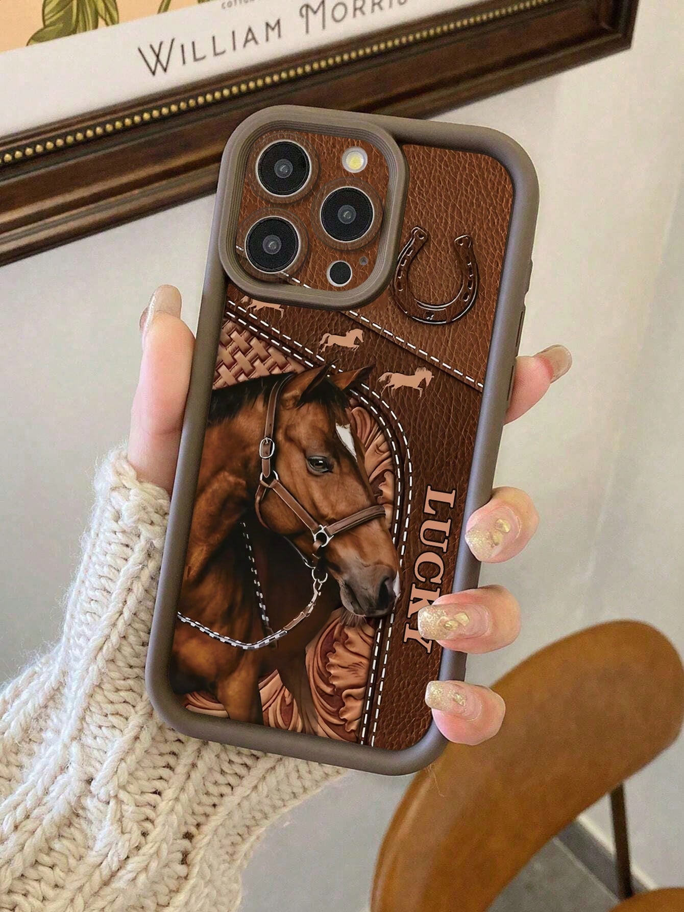 Cartoon Horse Painted Groove Black Thick Precision Hole Minimalist Shockproof Thick Phone Protective Case, Printed Suitable For IPhone 17/17 Pro Max/ 16/16 Pro/16 Pro Max/ 16 Plus, 15 XR/7/8, 15 Pro M