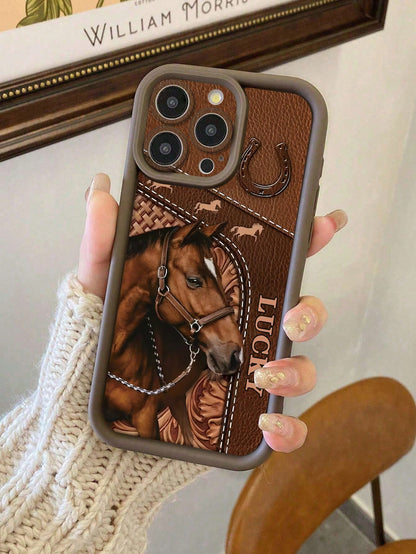 Cartoon Horse Painted Groove Black Thick Precision Hole Minimalist Shockproof Thick Phone Protective Case, Printed Suitable For IPhone 17/17 Pro Max/ 16/16 Pro/16 Pro Max/ 16 Plus, 15 XR/7/8, 15 Pro M