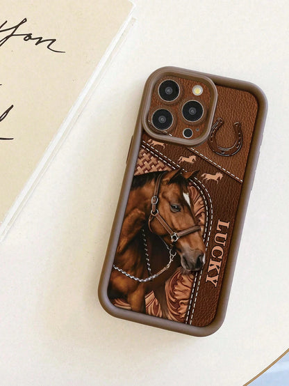 Cartoon Horse Painted Groove Black Thick Precision Hole Minimalist Shockproof Thick Phone Protective Case, Printed Suitable For IPhone 17/17 Pro Max/ 16/16 Pro/16 Pro Max/ 16 Plus, 15 XR/7/8, 15 Pro M