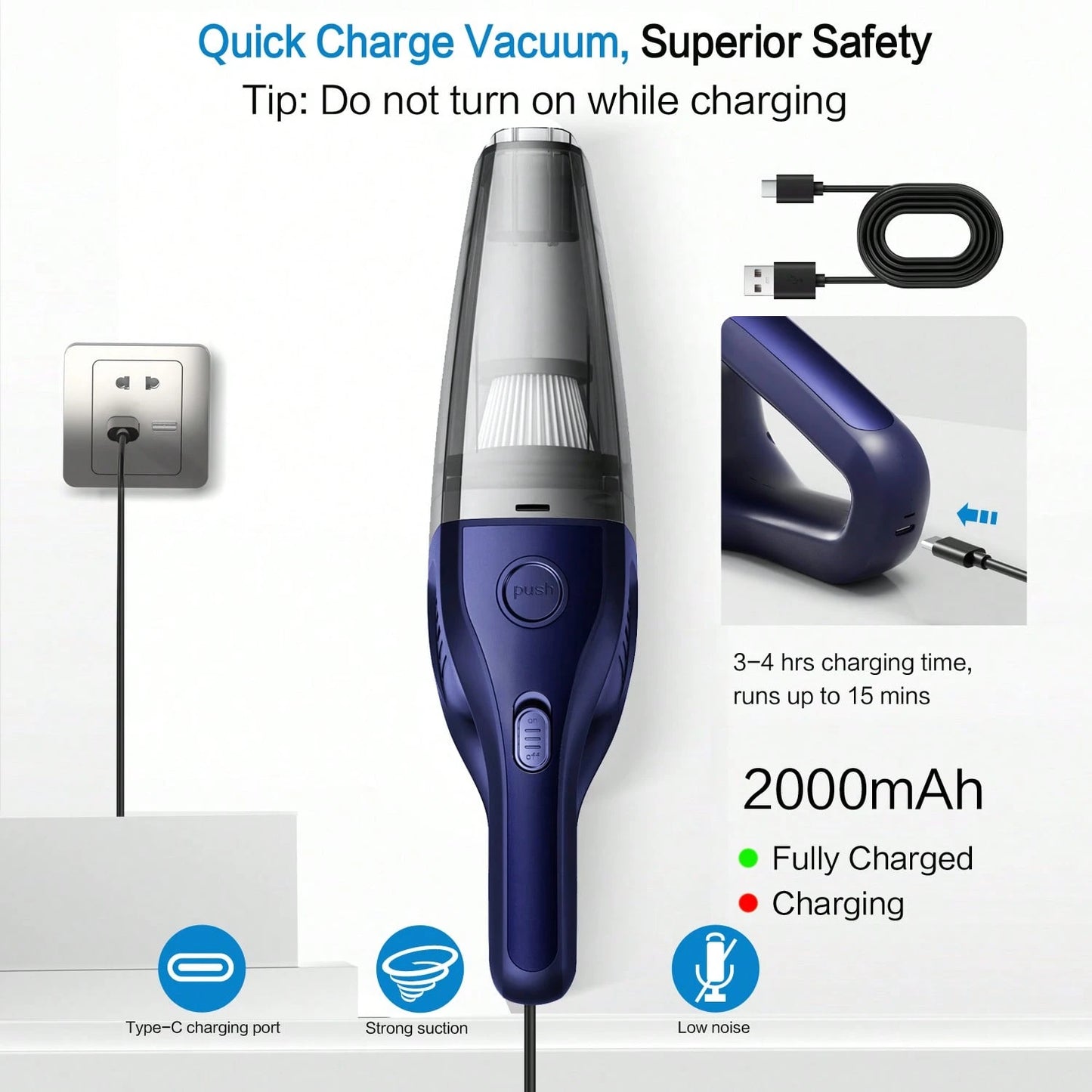 CascadeVac 2000mAh Portable Handheld Vacuum Cleaner, Strong Suction USB Rechargeable Mini Vacuum Cleaner With Multiple Accessories, Suitable For Car, Home, Office And Crevices