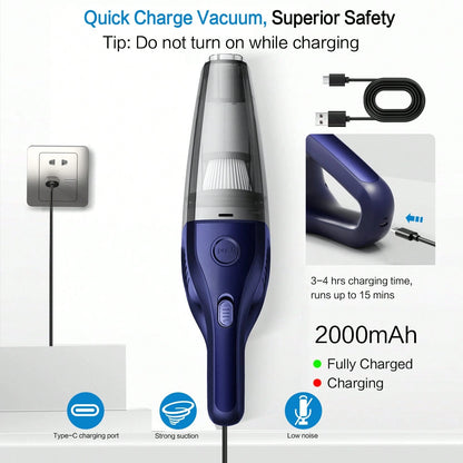 CascadeVac 2000mAh Portable Handheld Vacuum Cleaner, Strong Suction USB Rechargeable Mini Vacuum Cleaner With Multiple Accessories, Suitable For Car, Home, Office And Crevices