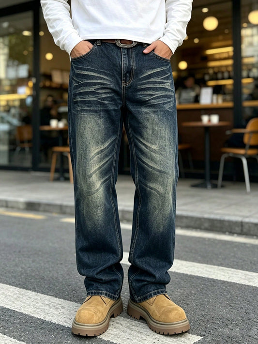 Casual Baggy Plus Size Jeans For Men Relaxed Fit Vintage Dark Wash Whiskering Denim Pants Y2K Retro Streetwear Casual Trousers