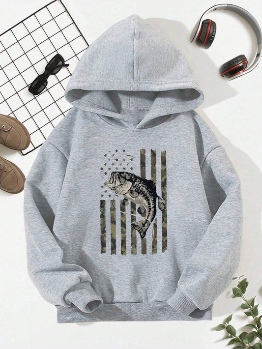 Casual Minimalist Cartoon Graphic Loose Fit Long Sleeve Hoodie Sweatshirt For Boys
