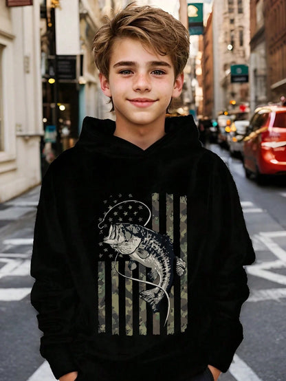 Casual Minimalist Cartoon Graphic Loose Fit Long Sleeve Hoodie Sweatshirt For Boys