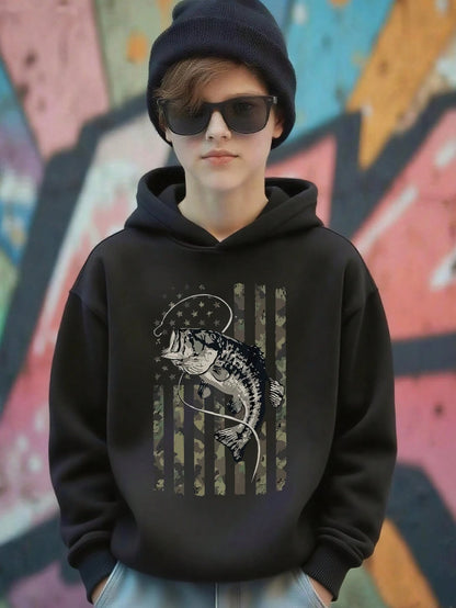 Casual Minimalist Cartoon Graphic Loose Fit Long Sleeve Hoodie Sweatshirt For Boys